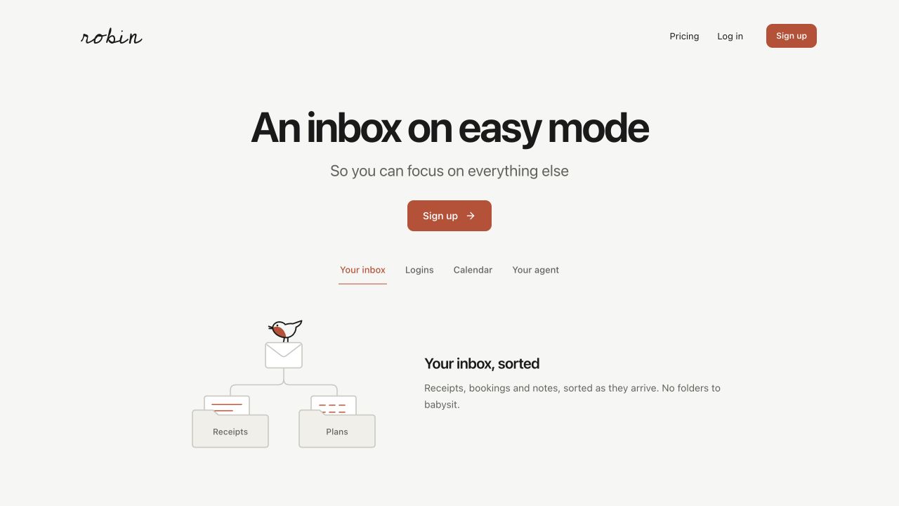 Robin's landing page — “An inbox on easy mode” above a robin perched on an envelope, sorting mail into Receipts and Plans.