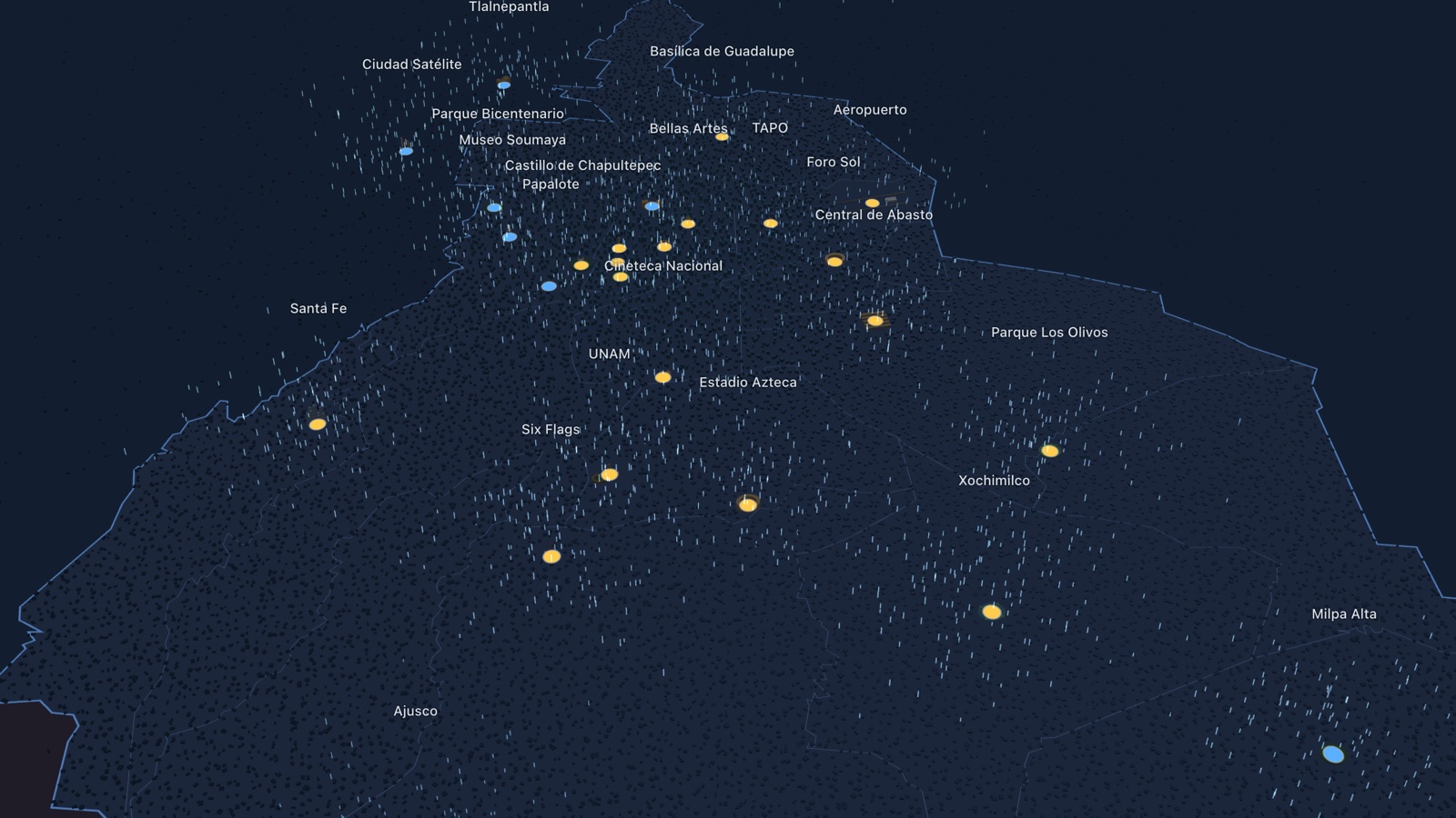 Tláloc's 3D map of Mexico City at night — the city's outline picked out in pale dots on dark blue, with labelled markers for landmarks like Bellas Artes, UNAM and Estadio Azteca; a few glow blue to show where it's raining.